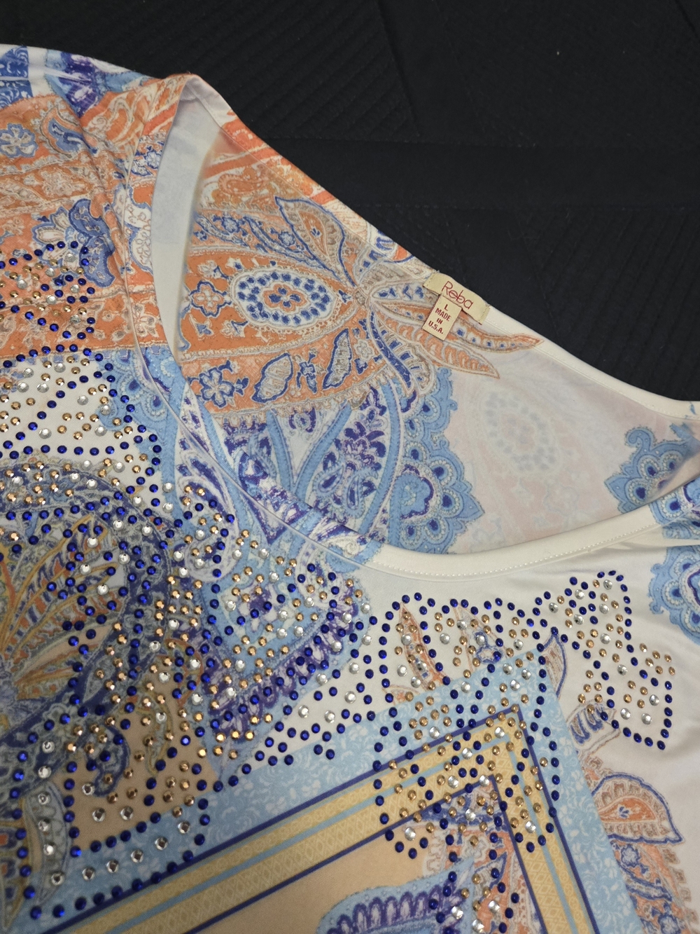 Reba Bejeweled Paisley Scoop Neck Top - White, Light Blue, Peach